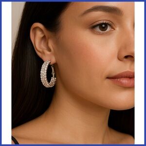 Ellen Tracy Rhinestone Embellished Silver Hoop Earrings